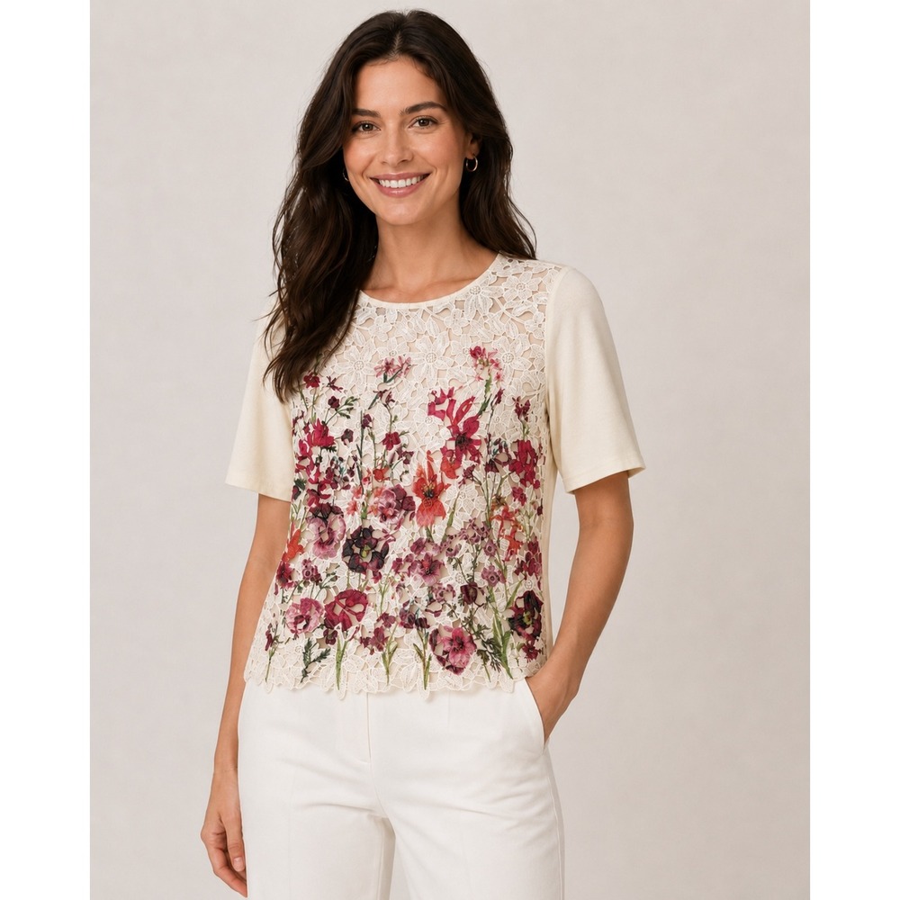 SUNDAY IN BROOKLYN ANTHROPPOLOGIE FLORAL LACE SHORT SLEEVE BLOUSE Sz S Boho Chic